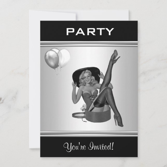 Invitation de fête style noir et blanc Pin-Up Girl (Devant)