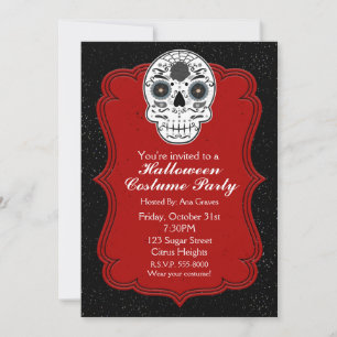 Invitation de fête Sugar Skull noir blanc et rouge