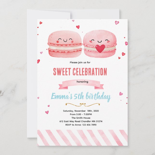 Invitation de fête sur le thème des macarons migno (Devant)