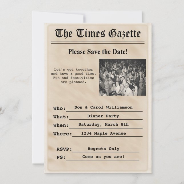 Invitation de fête sur papier journal vintage (Devant)