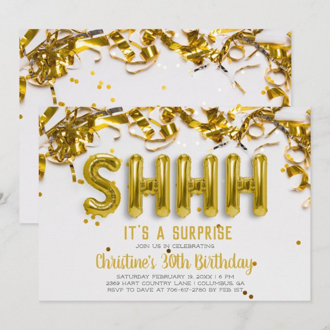 Invitation de fête surprise Chut | Ballons dorés (Devant / Derrière)