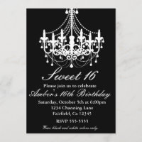 Invitation de fête Sweet 16 avec lustre noir et bl
