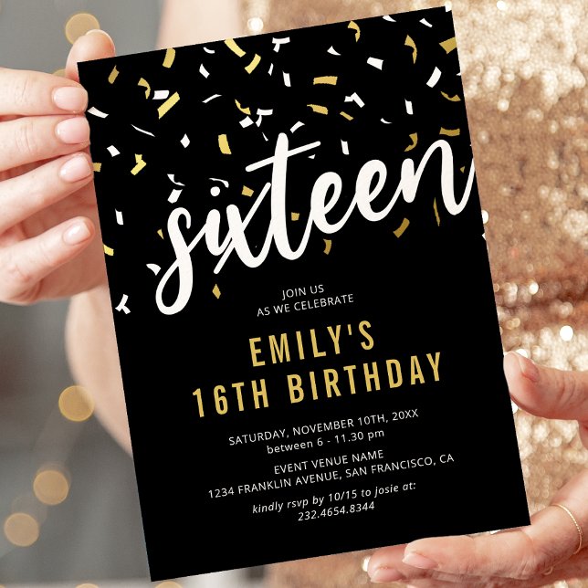 Invitation de fête Sweet 16 Black Gold Confetti (Créateur téléchargé)