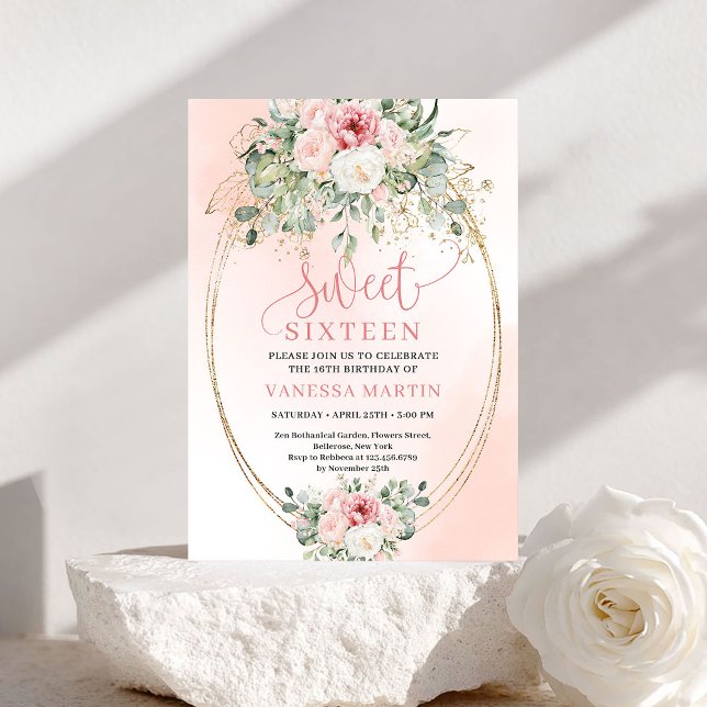 Invitation de fête Sweet 16 imprimable rose poudré (Printable Blush and Gold Sweet 16 Party Invitation)