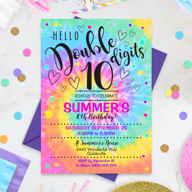 Invitation de fête Tie Dye Hello Double Digits 10  (Hello Double Digits Party Invitation)