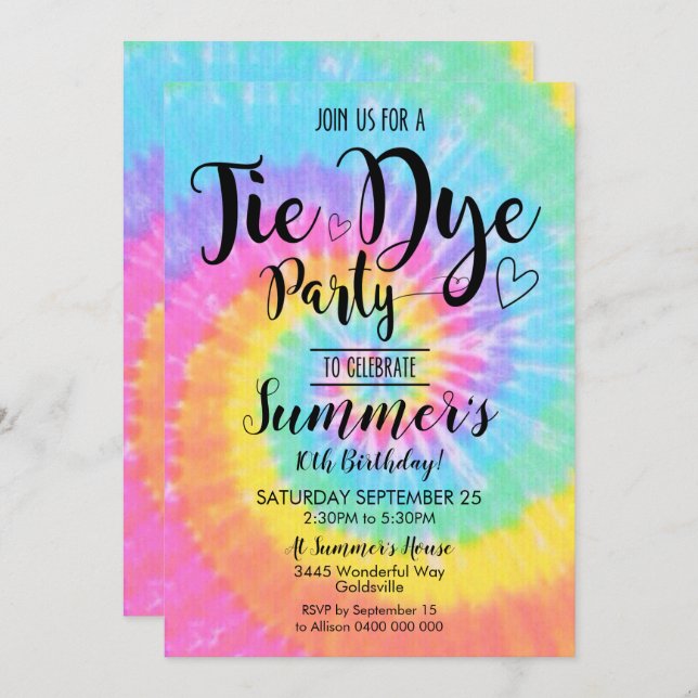 Invitation de fête Tie Dye Hippy Tie Dye (Devant / Derrière)