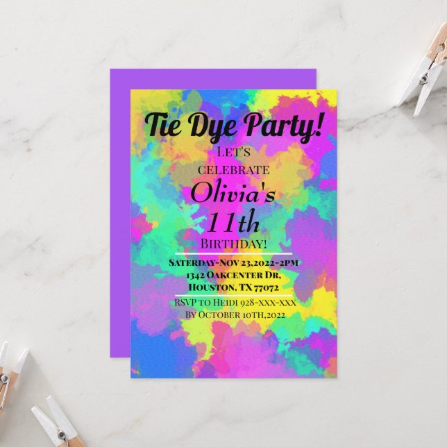 Invitation de fête Tie Dye Hippy Tie Dye (Devant/Arrière en situation)