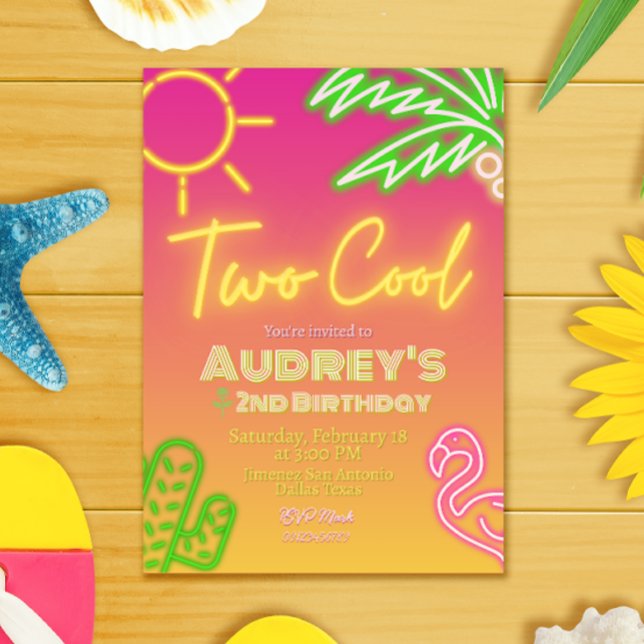 Invitation de fête tropicale rose néon pour une so (Two Cool Tropical Pink Neon Pool Party Invitation)