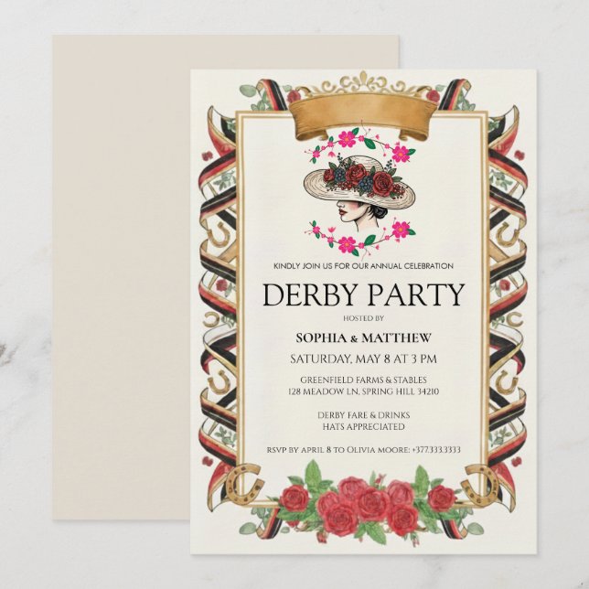 Invitation de fête vintage Derby Fleur de cheval (Devant / Derrière)