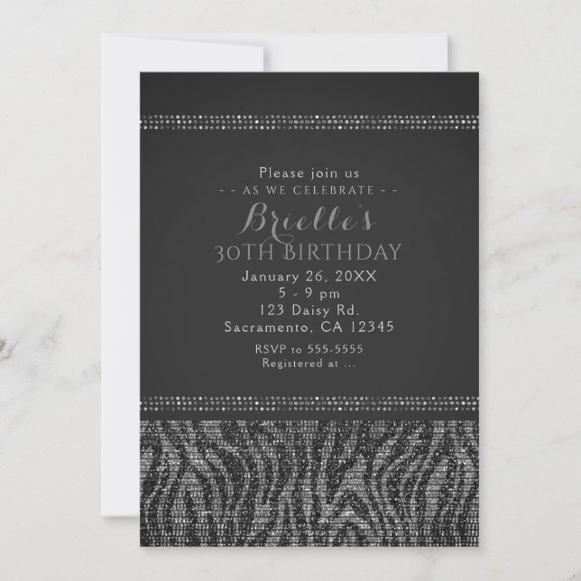 Invitation de fête Zebra Sparkle Silver & Black Gl (Devant)