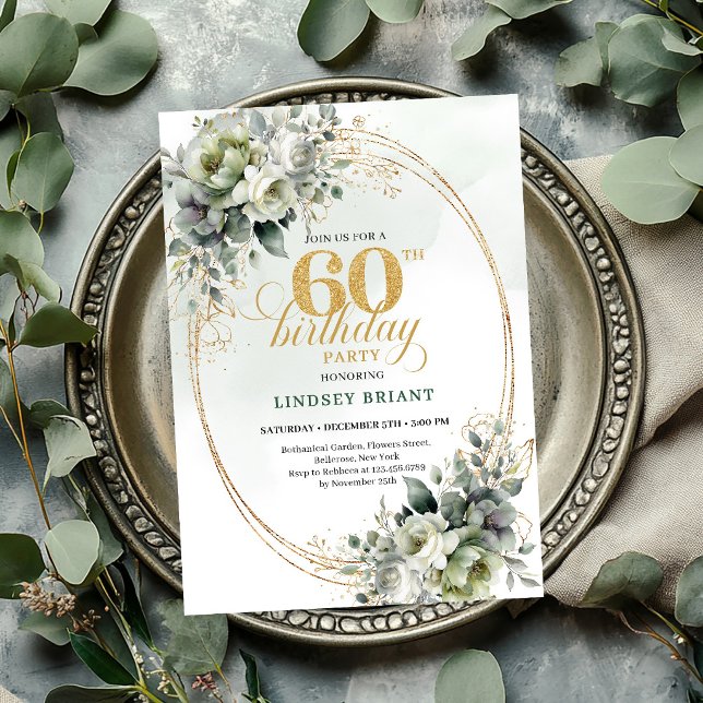 Invitation de feuillage boho pour 60e anniversaire (Dusty Green 60th Birthday Boho Foliage Invite

)
