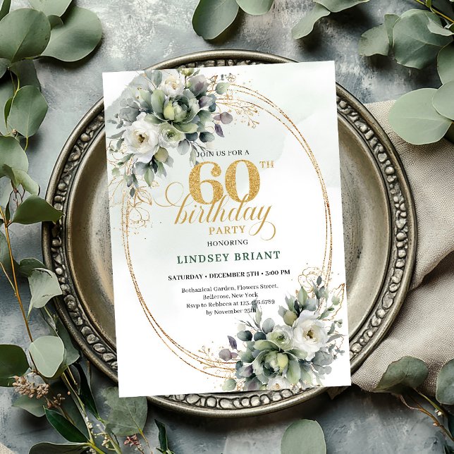 Invitation de feuille verte et blanche pour 60e an (Boho 60th Birthday Green And White Leaf Invite

)