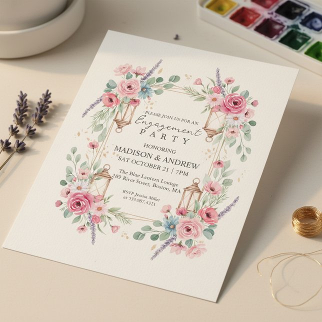 Invitation de fiançailles à la lanterne florale ro (Timeless Romantic Theme)