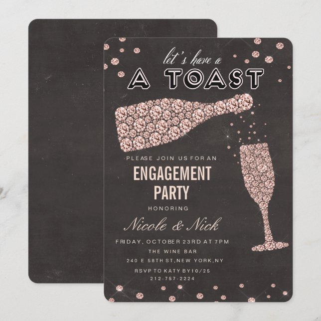 Invitation de fiançailles au verre à vin diamant o (Devant / Derrière)