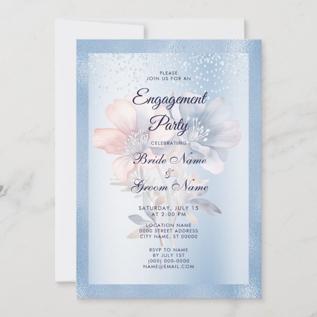 Invitation de fiançailles aux fleurs roses bleues (Devant)