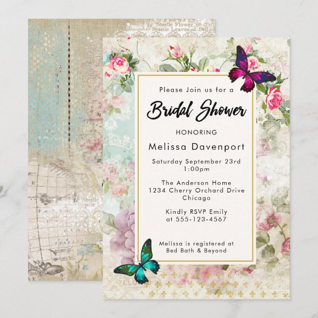 Invitation de Fiançailles aux Roses Anciennes et a (Devant / Derrière)