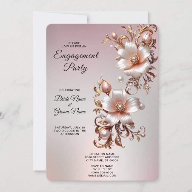 Invitation de fiançailles décorative florale rose (Devant)