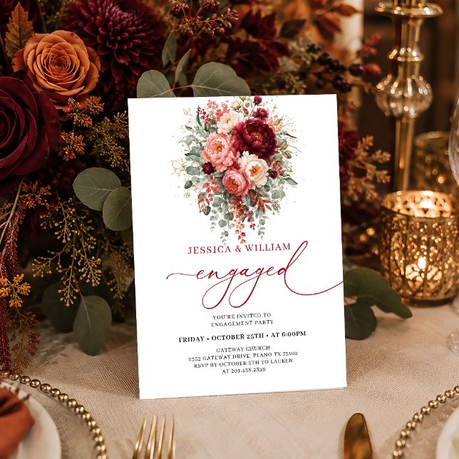Invitation de fiançailles Floral Automne Or Bourgo (Modern Burgundy Gold Floral Autumn engagement invitation card

)