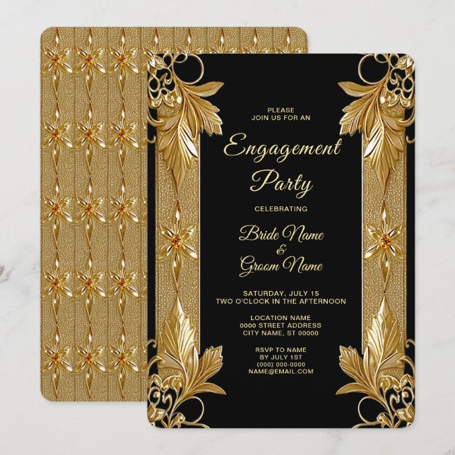 Invitation de Fiançailles Floral Ornate Or (Devant / Derrière)