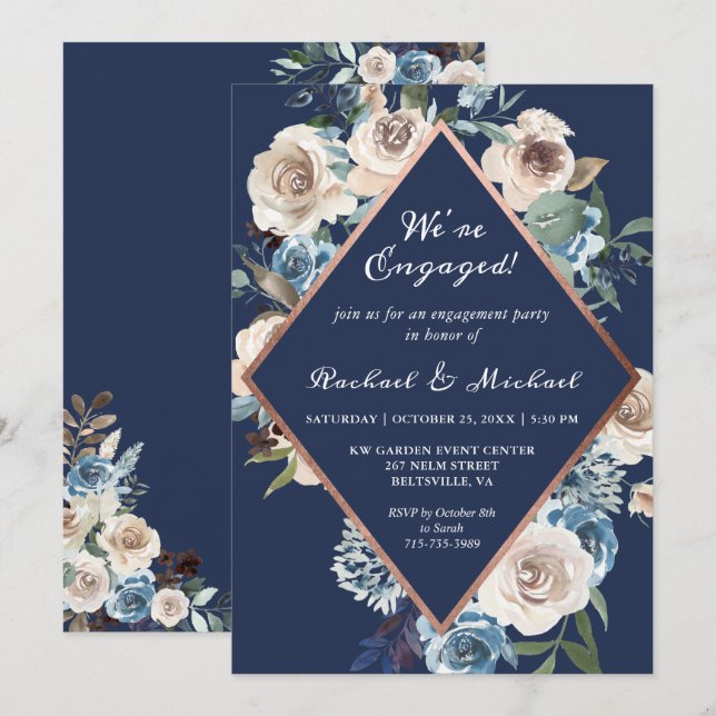 Invitation de fiançailles florale en or rose marin (Devant / Derrière)