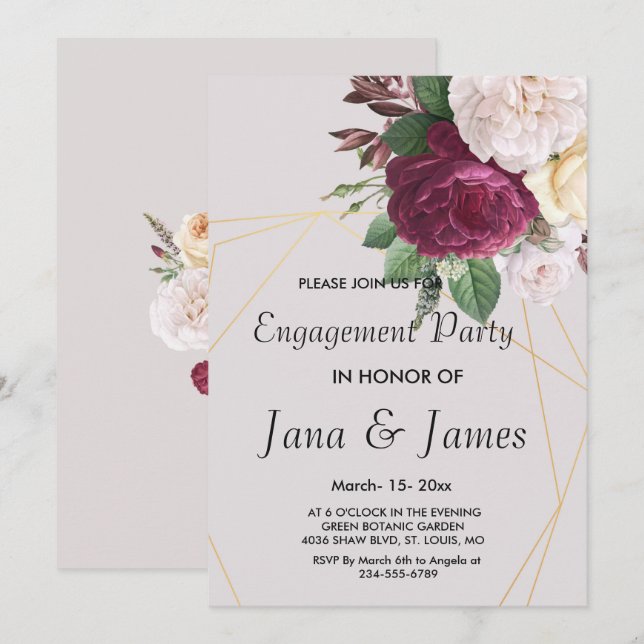 Invitation de fiançailles géométrique dorée élégan (Devant / Derrière)