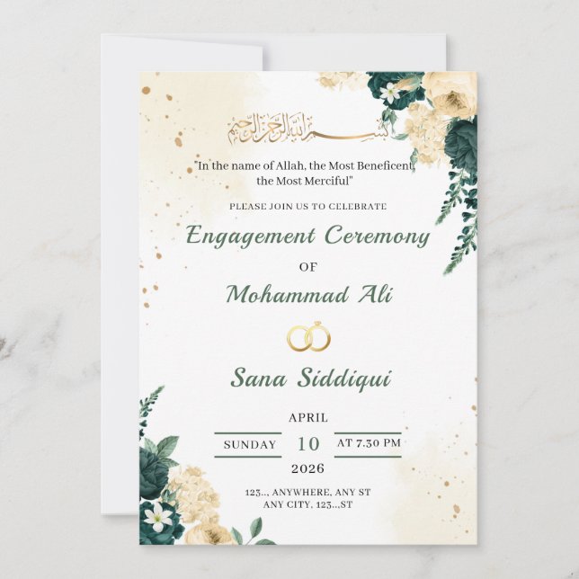 Invitation de fiançailles islamique à fleurs vert  (Devant)