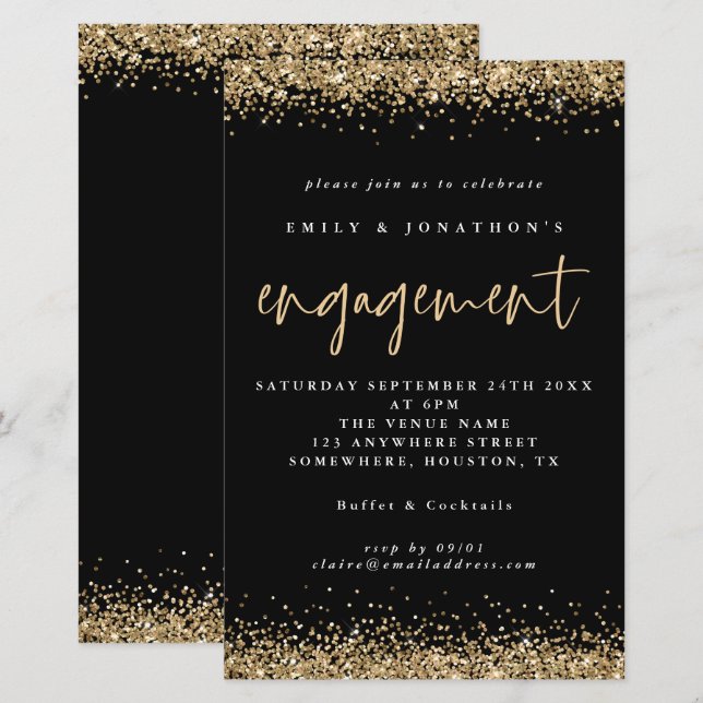 Invitation de fiançailles noire avec paillettes do (Devant / Derrière)