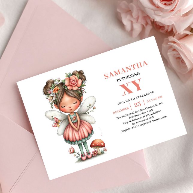 Invitation de fille anniversaire fée enchantée ros (Enchanting Fairy Girl Birthday Pink Pastel invitation)