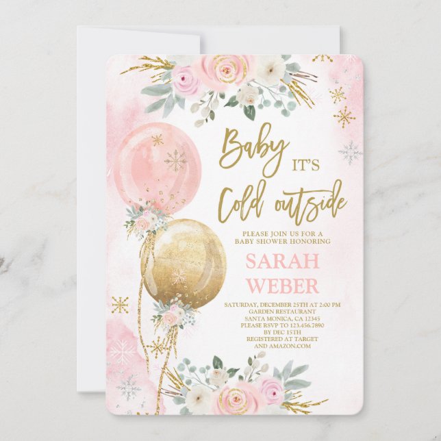 Invitation de fille Baby shower rose hiver (Devant)