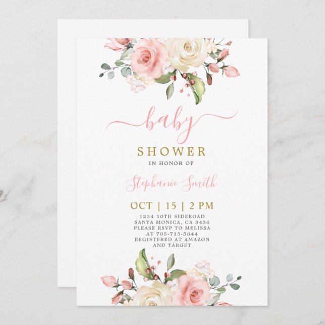 Invitation de fille de Baby shower rose pâle (Devant / Derrière)