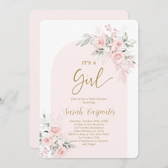 Invitation de fille de Baby shower rose pâle (Devant / Derrière)