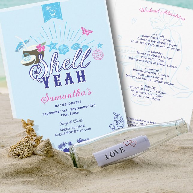 Invitation de Filleul pour un thème de Coquillage  (Shell Yeah Hand Drawn Something Blue Beach Tropical Island Weekend Itinerary Bachelorette Invitation)