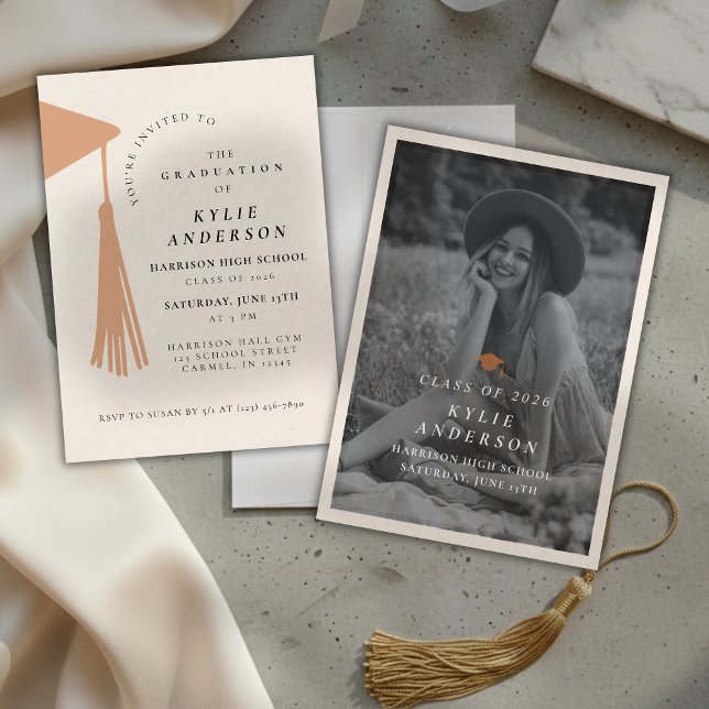 Invitation de fin d'études avec photo de lycée à f (Orange Tassel Senior Photo High School Graduation Invitation)