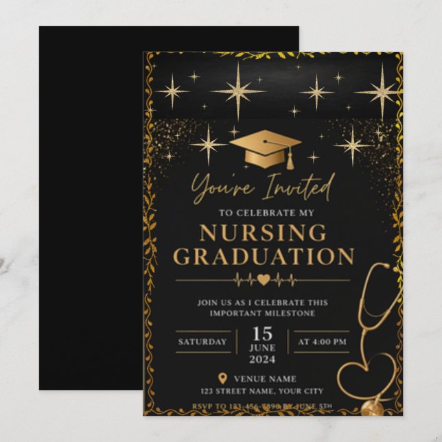 Invitation de fin d'études d'infirmière en or noir (Devant / Derrière)