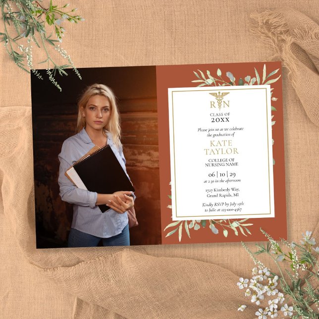 Invitation de fin d'études d'infirmière en terre c (RN Nursing Graduation Terracotta Foliage Photo Inv Invitation)