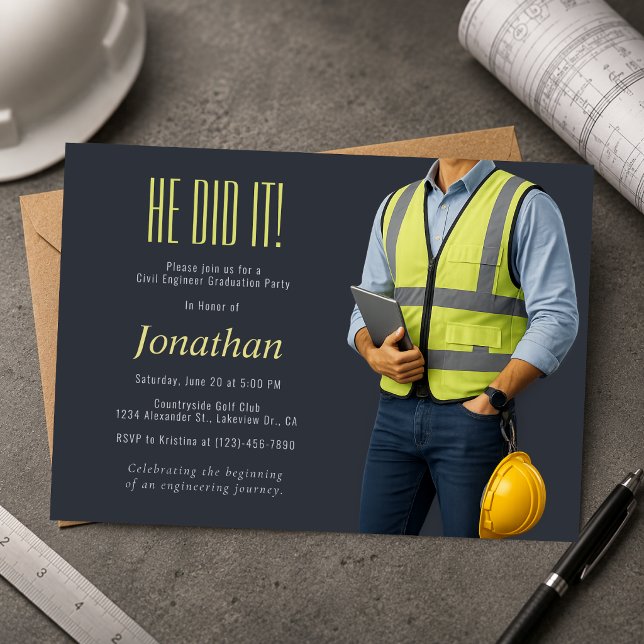 Invitation de fin d'études d'ingénieur civil (Modern civil engineer graduation invitation with a clean industrial-inspired design.)