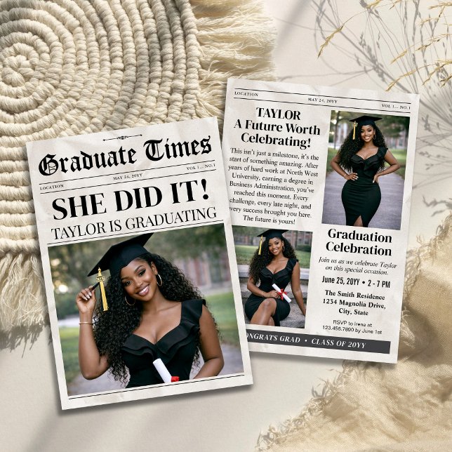 Invitation de fin d'études sur mesure avec photo,  (Custom Trendy Graduation Newspaper Photo Invitation)