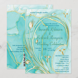 Invitation de fleur abstraite turquoise dorée arti