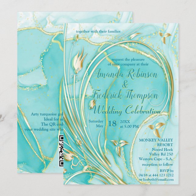Invitation de fleur abstraite turquoise dorée arti (Devant / Derrière)