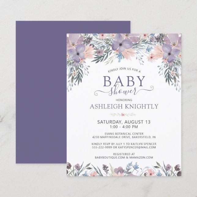 Invitation de Fleur sauvage de Baby shower de coul (Devant / Derrière)