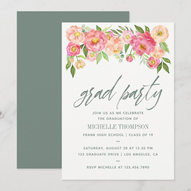 Invitation de fleurs de pivoine pour la fête de re (Devant / Derrière)