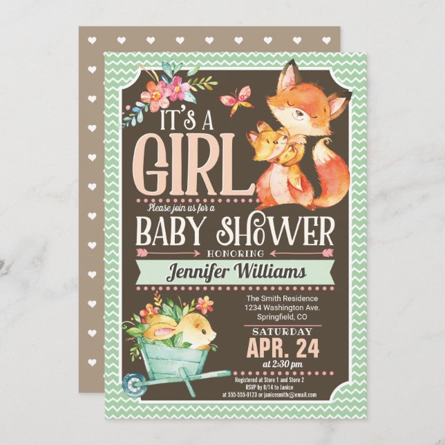 Invitation de Fox Baby shower, Woodland Girl (Devant / Derrière)
