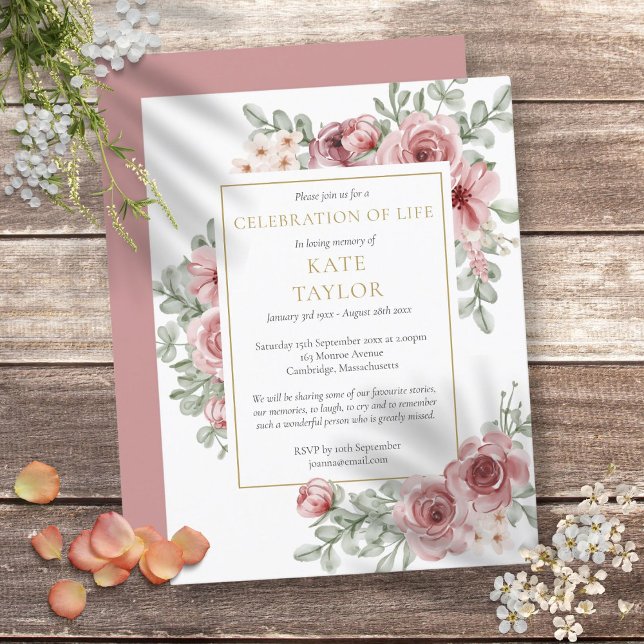 Invitation de funérailles pour la célébration de v (Dusty Rose Celebration of Life Funeral Invitation)