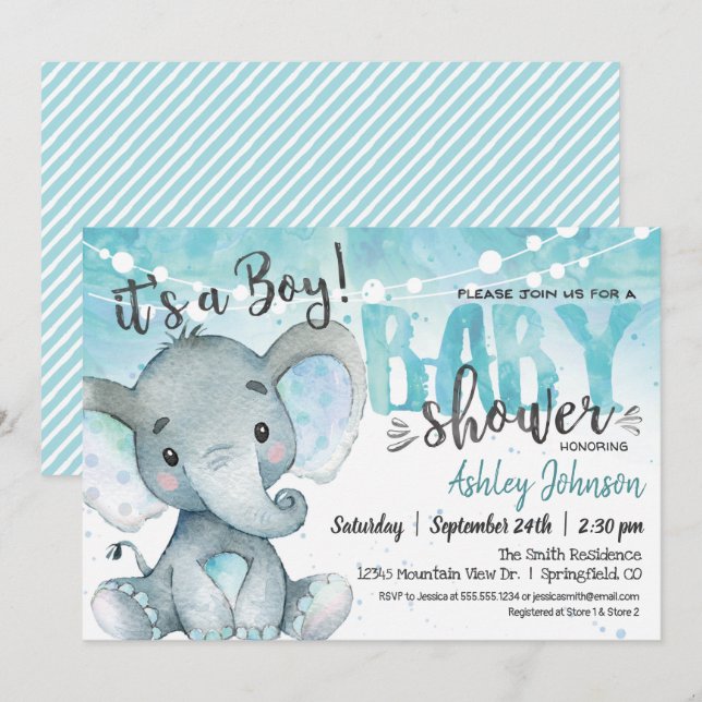 Invitation de garçon Baby shower éléphant (Devant / Derrière)