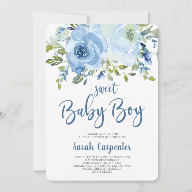 Invitation de garçon de baby shower floral bleu (Devant)
