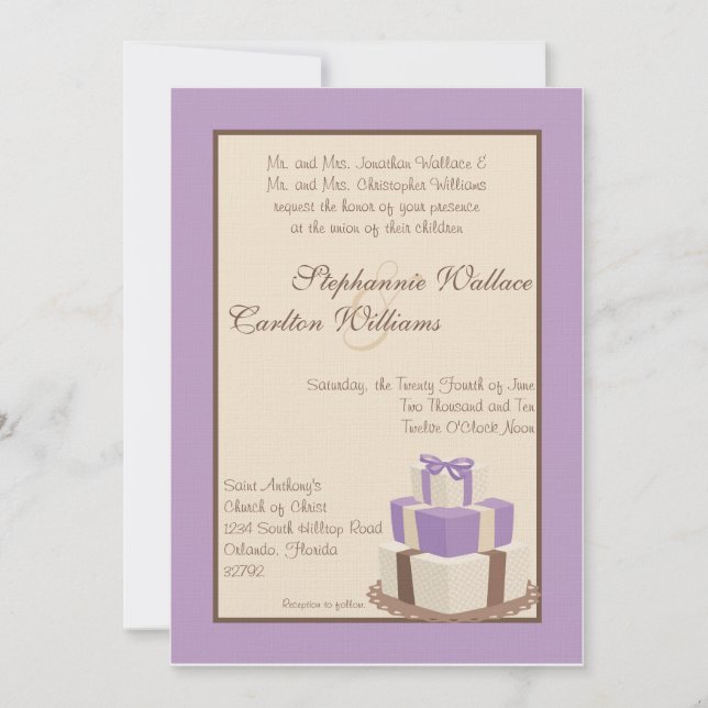 Invitation de gâteau de Mariage Brown/violet (Devant)