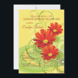 Invitation de Gerbera Daisies<br><div class="desc">Une invitation joyeuse avec trois guirlandes gerbères de couleur rouge vif. Le arrière - plan jaune et ensoleillé est doté de feuillage abstrait et de tourbillons. Convient à toute célébration heureuse.La carte est facile à customiser avec votre libellé, police, couleur de police et choix de six types de papier. Pas...</div>