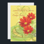 Invitation de Gerbera Daisies<br><div class="desc">Une invitation joyeuse avec trois guirlandes gerbères de couleur rouge vif. Le arrière - plan jaune et ensoleillé est doté de feuillage abstrait et de tourbillons. Convient à toute célébration heureuse.La carte est facile à customiser avec votre libellé, police, couleur de police et choix de six types de papier. Pas...</div>