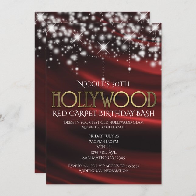 Invitation de Glam Hollywood Red Silk & Sparkle Go (Devant / Derrière)