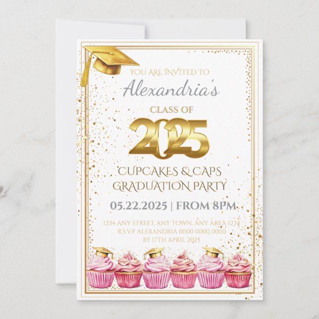 Invitation de graduation 2025 Cupcakes & Casquette (Devant)